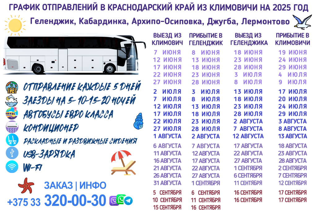 КЛИОВИЧИ - ГЕЛЕНДЖИК АВТОБУС ГРАФИК 2025 ГОД